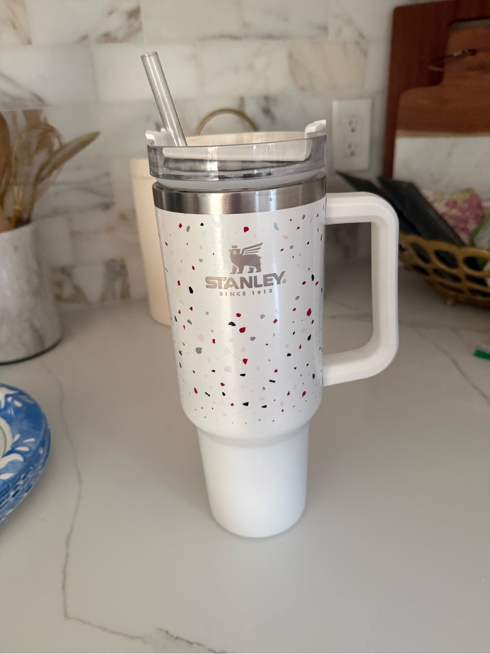 40 oz Stanley White Speckled Travel Mug with Handle